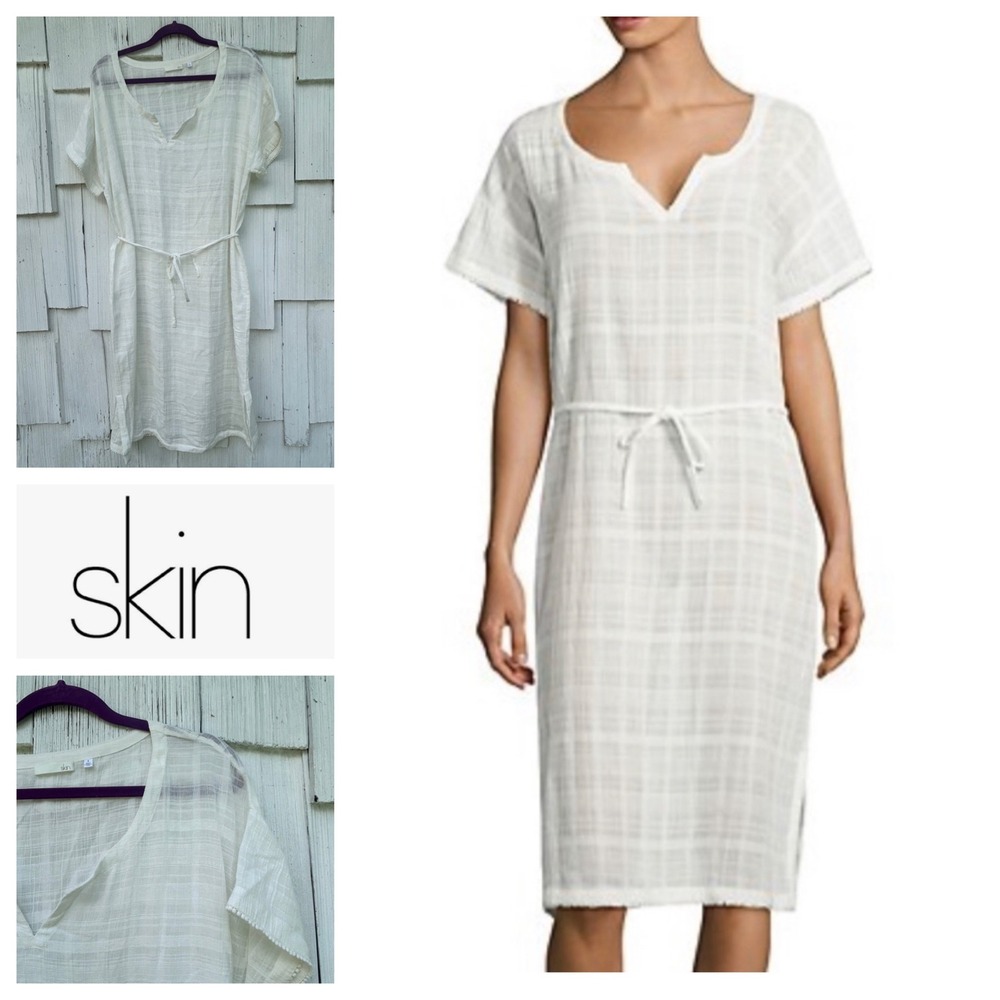 Skin‎ White Plaid Drop Shoulder Caftan Cotton Gauze Tie Waist Tunic Dress Size 4